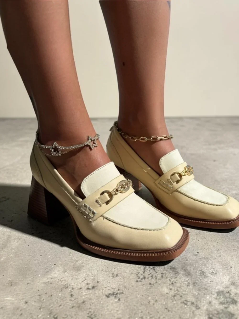 Sam Edelman Cream Leather Square Toe Loafer Heels Size 6.5